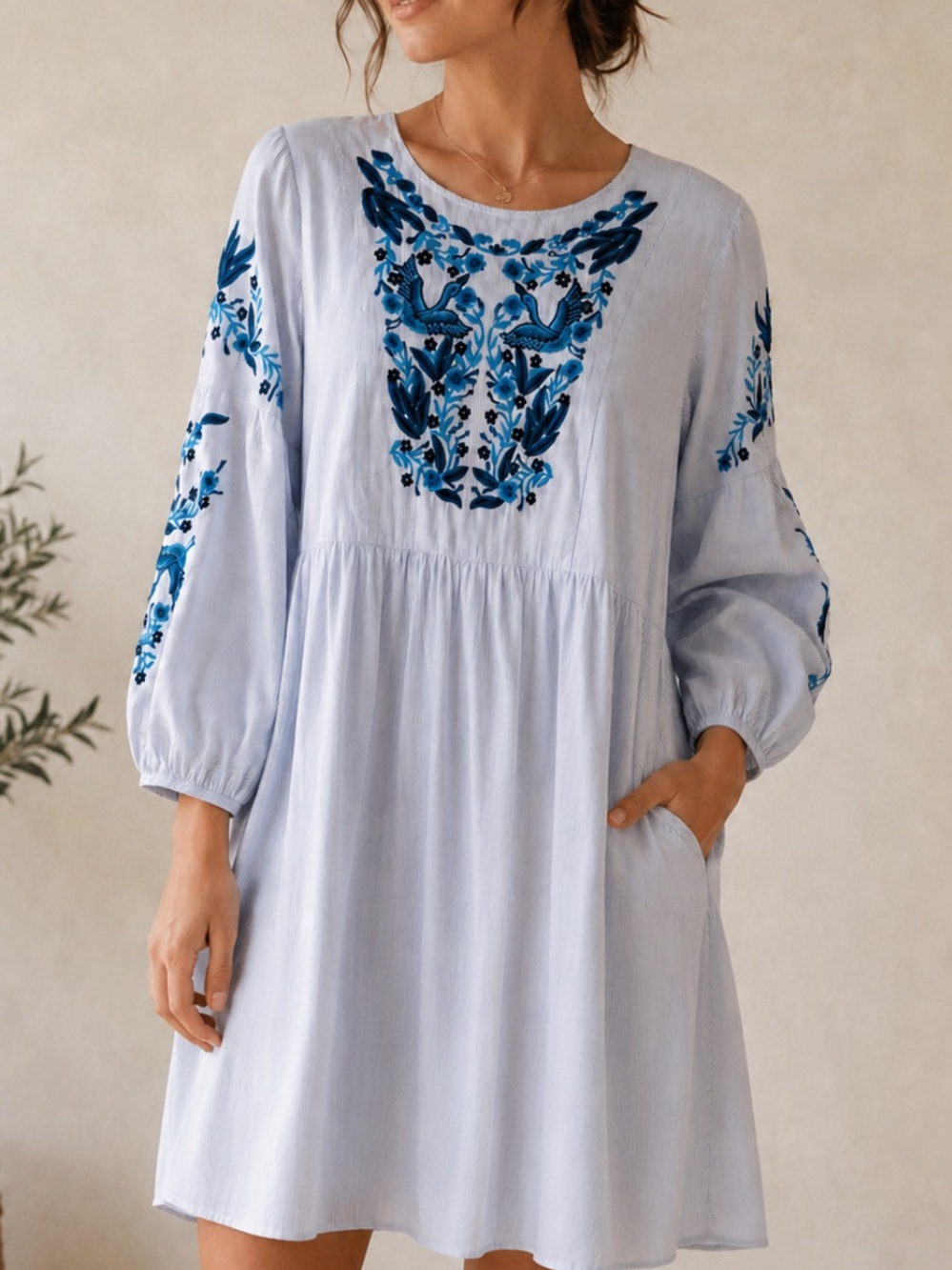 Chelsea & Theodore Light Blue Pin Striped Mini Dress with Blue Floral Embroidery